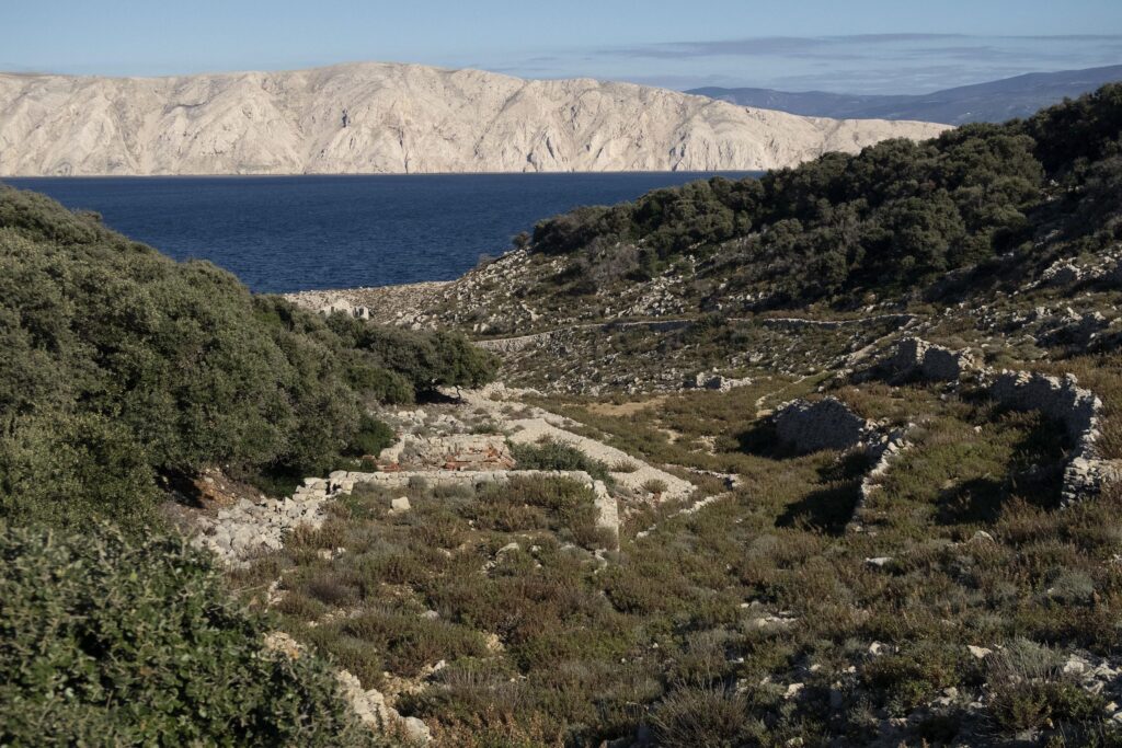 Terrassen und Wege an einem Hang über dem Meer